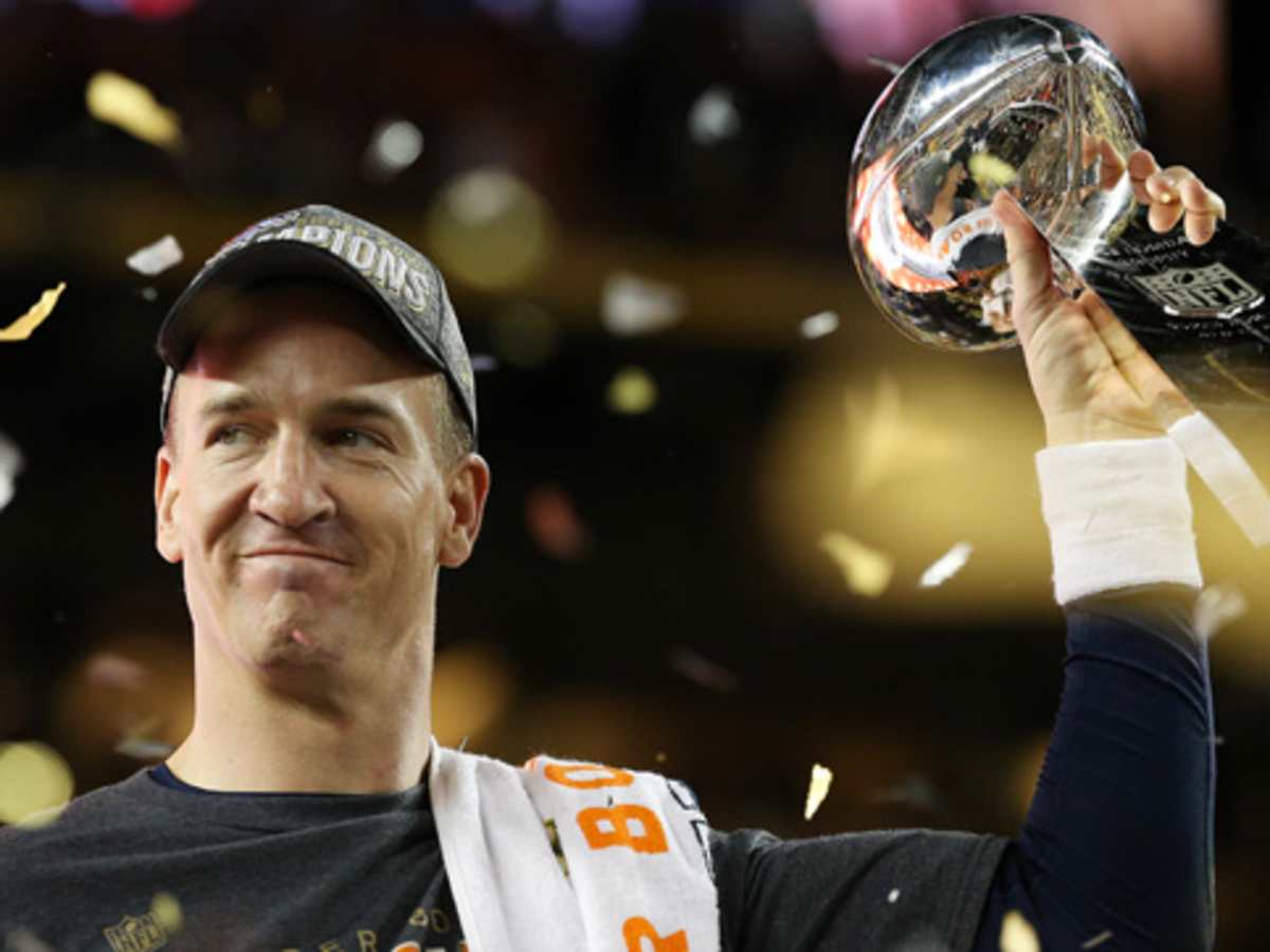 A Denver Broncos Peyton Manning Super Bowl 50 jersey is held up