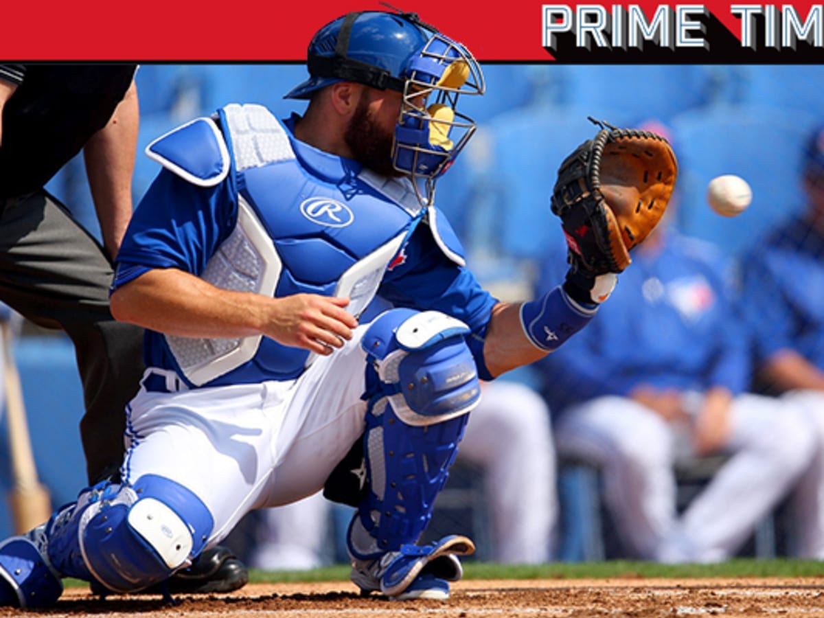 Toronto Blues Jays newly-signed catcher Russell Martin, left, and